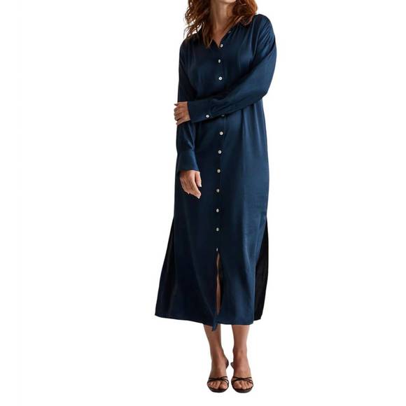 NEW MADEWELL satin button-front midi shirtdress in navy - Picture 2 of 5